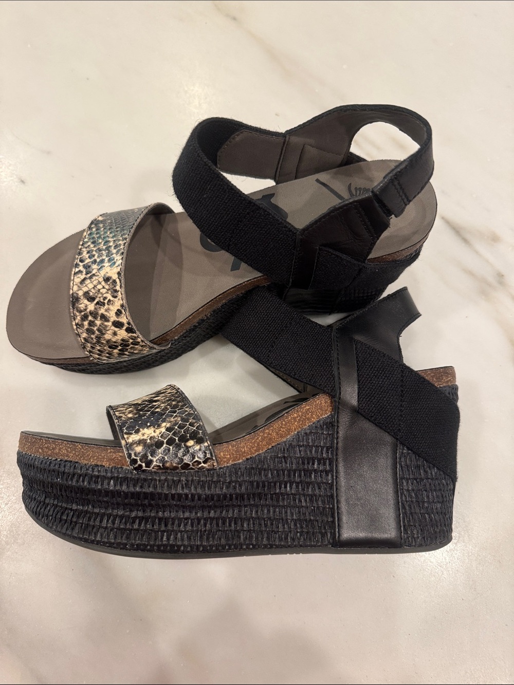 OTBT Wedge Sandal with Snake-Print Strap in Black Size 7.5
